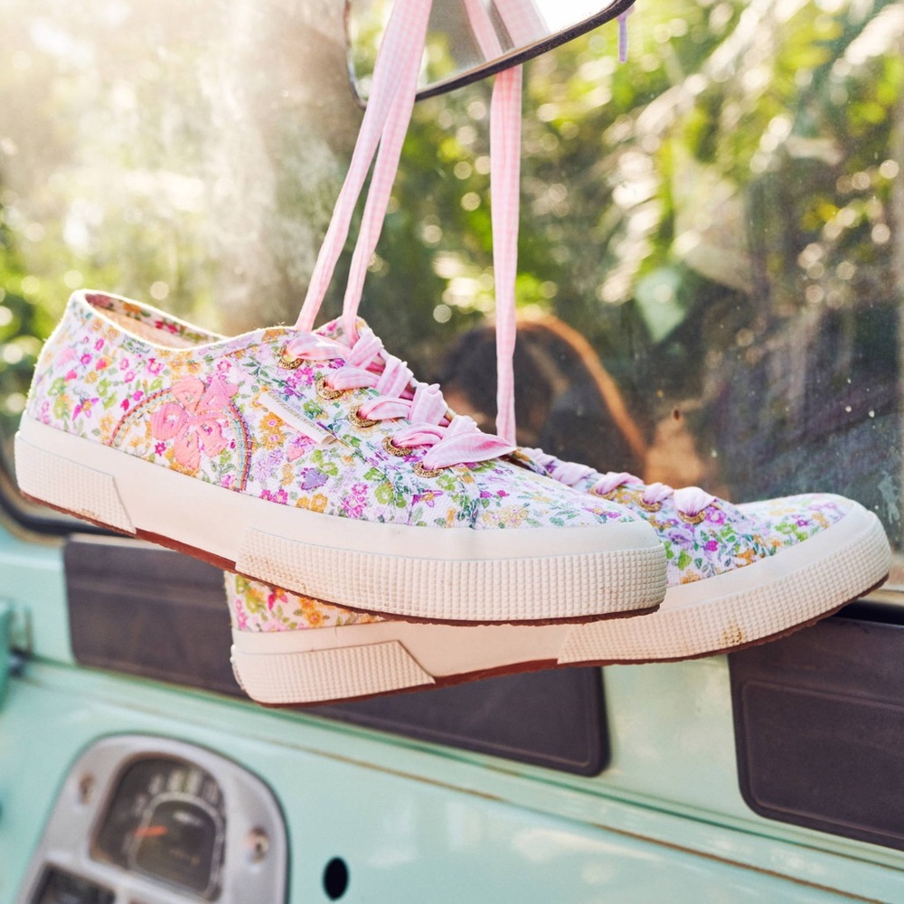 LoveShackFancy x Superga Pink Floral Canvas Sneakers with Checked Ribbon Laces